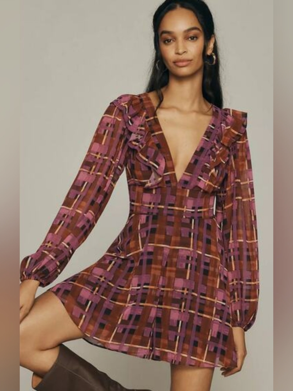 Anthropologie Hutch Long-Sleeve Deep-V Plaid Ruffle Romper Purple Small S
